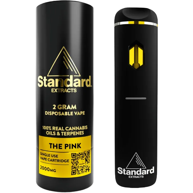 Black disposable vape pen with yellow accents, labeled "THE PINK," containing 2 grams of cannabis oils and terpenes.